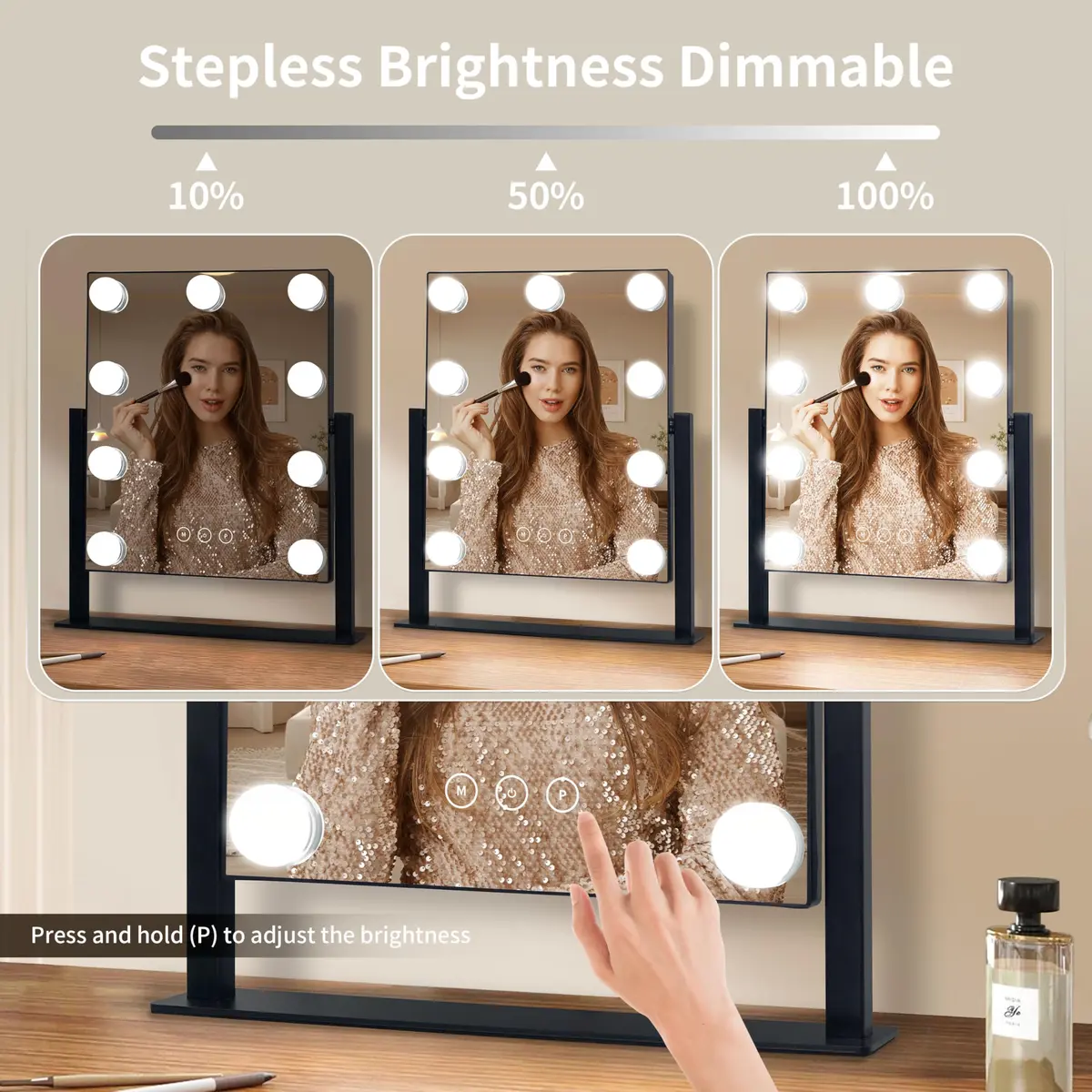 NUSVAN Makeup Vanity Mirror with Lights, 9 Dimmable LED Bulbs, 3 Color Modes, 10X Magnification, Touch Control, 360° Rotation | Elegant Bedroom Essential - view 3