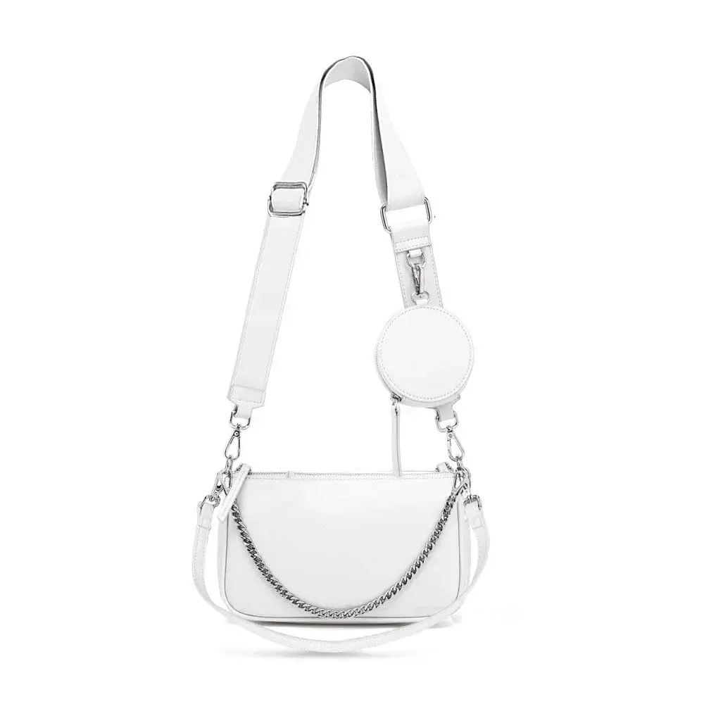 AMHDV Women's 3-in-1 Crossbody Bag Set with Coin Purse & Chain Handle - White | Main Bag: 26.4cm x 5.1cm x 15cm (10.4" x 2" x 5.9") - main product image