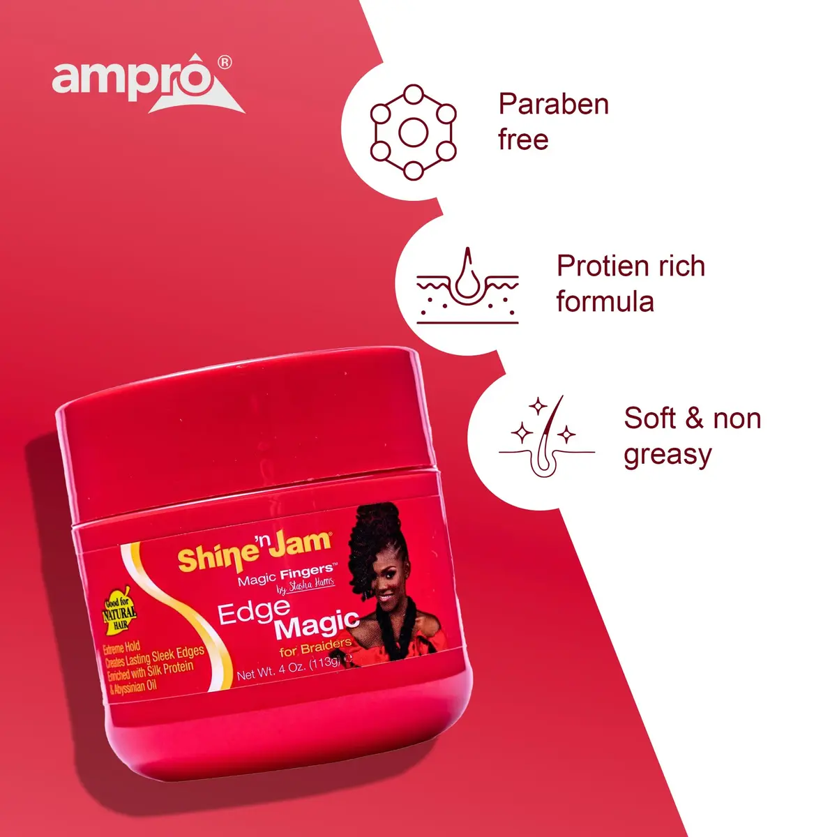 AmPro Shine-n-Jam Magic Fingers Edge Control Gel 118ml (4 oz) | Firm Hold, Non-Greasy Shine, Silk Protein & Abyssinian Oil - view 5