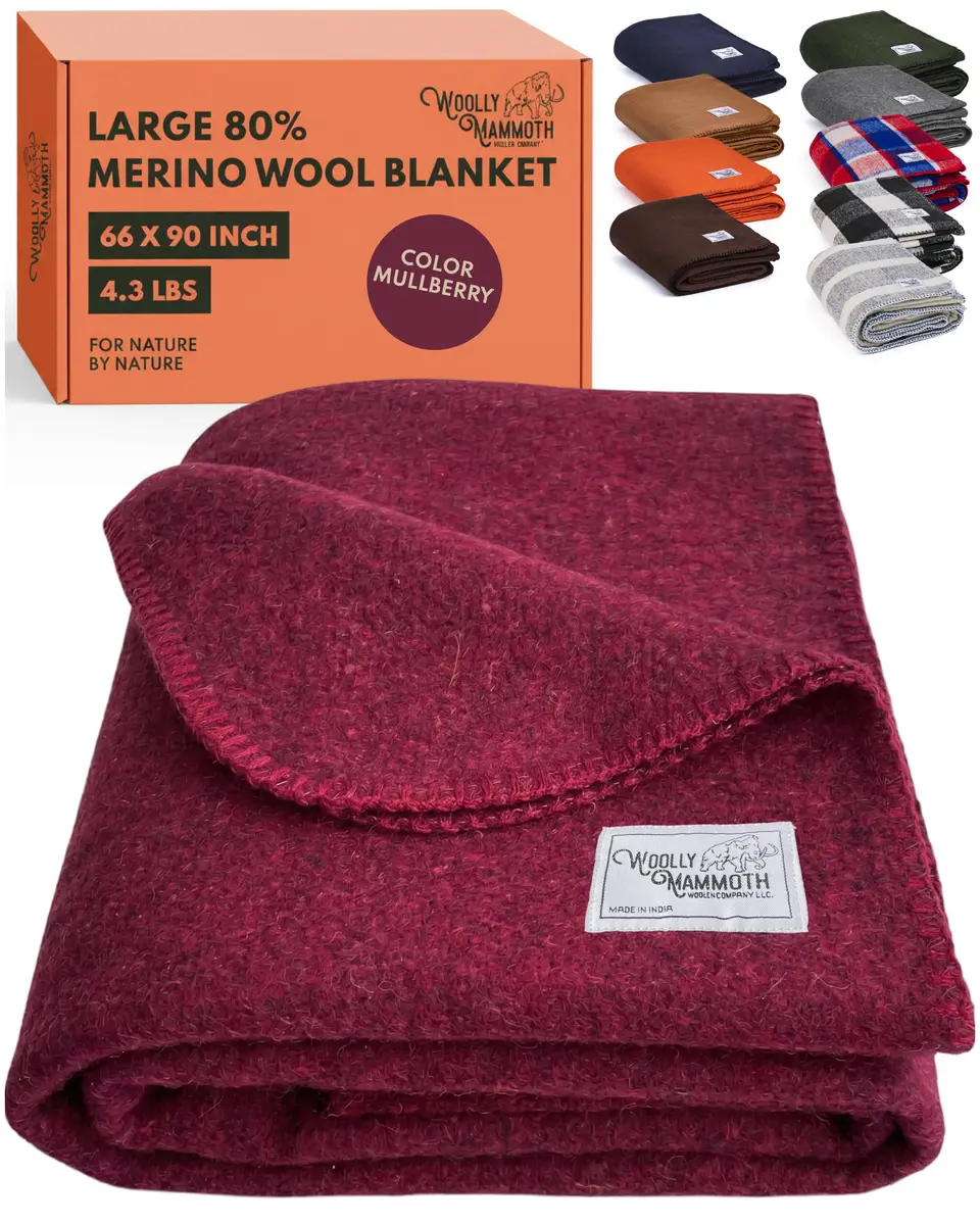 Woolly Mammoth Merino Wool Blanket, Fall Camping Blanket, 66"x90" Mulberry | Warm, Durable & Moisture-Wicking - main product image