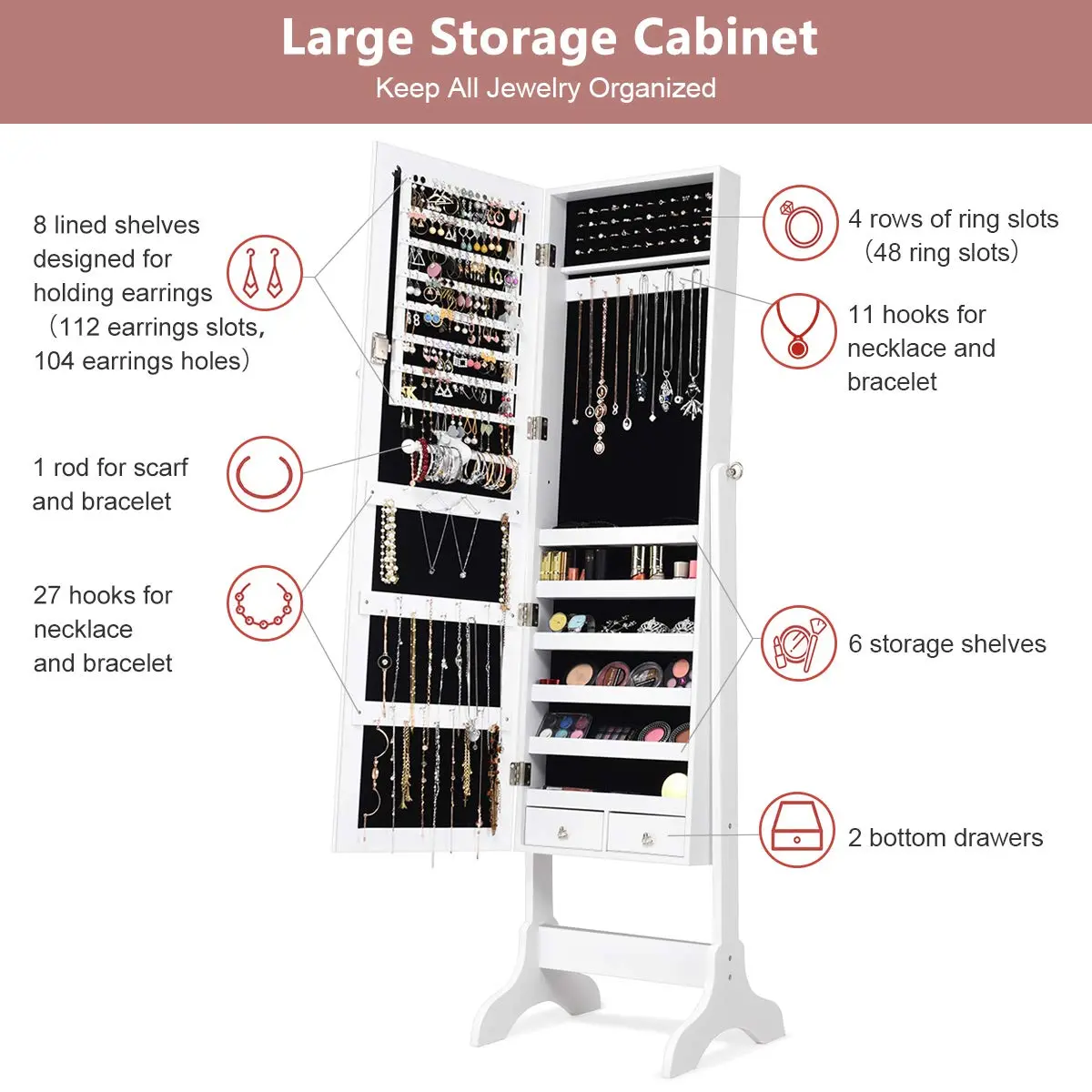 WATERJOY Jewelry Organizer with Full Body Standing Mirror 10.5'' x 43.5" | Lockable, Large Storage for Jewelry & Accessories - view 6