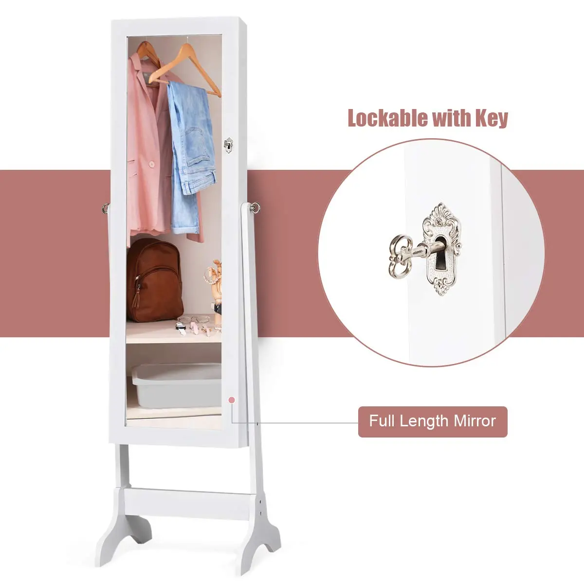 WATERJOY Jewelry Organizer with Full Body Standing Mirror 10.5'' x 43.5" | Lockable, Large Storage for Jewelry & Accessories - view 4