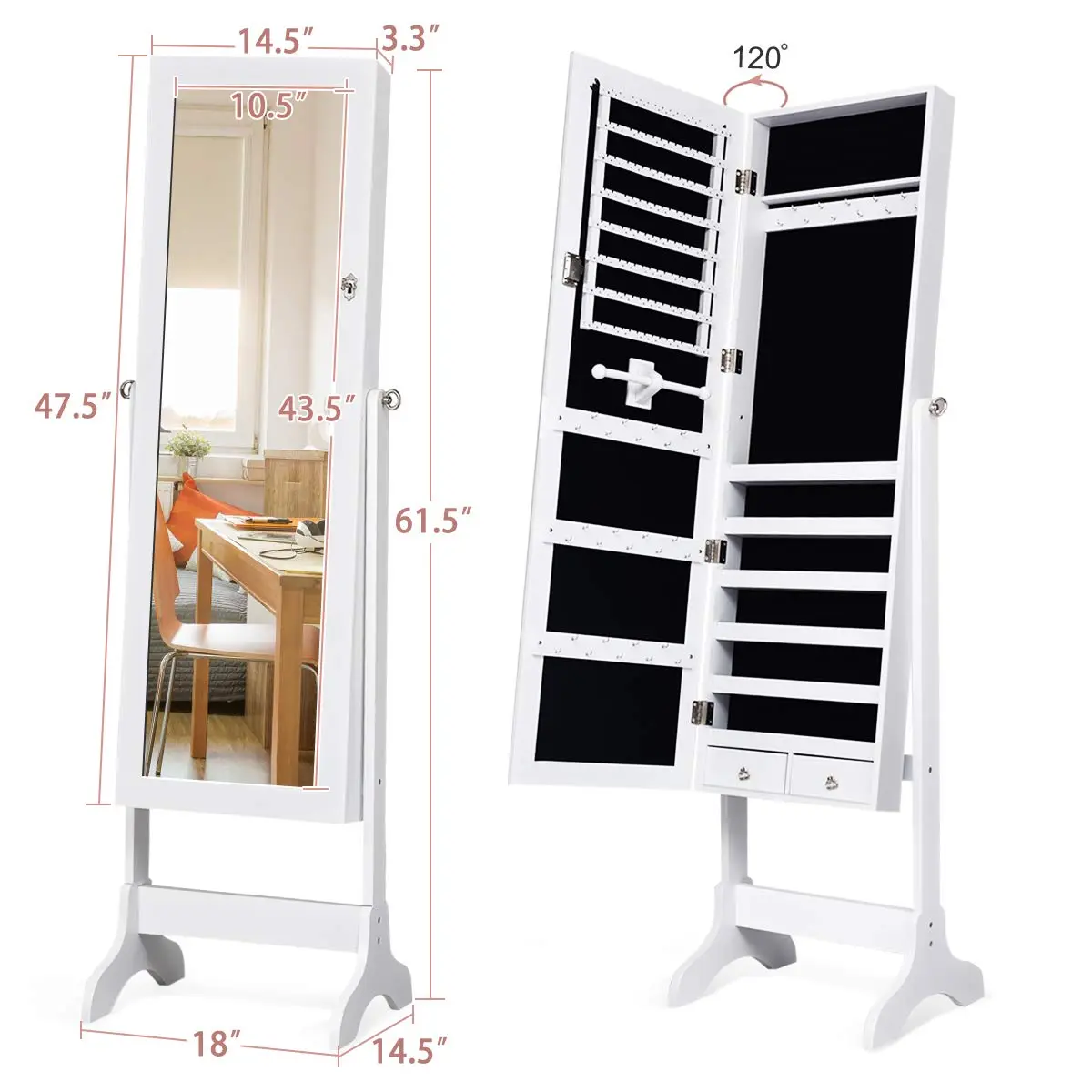 WATERJOY Jewelry Organizer with Full Body Standing Mirror 10.5'' x 43.5" | Lockable, Large Storage for Jewelry & Accessories - view 5