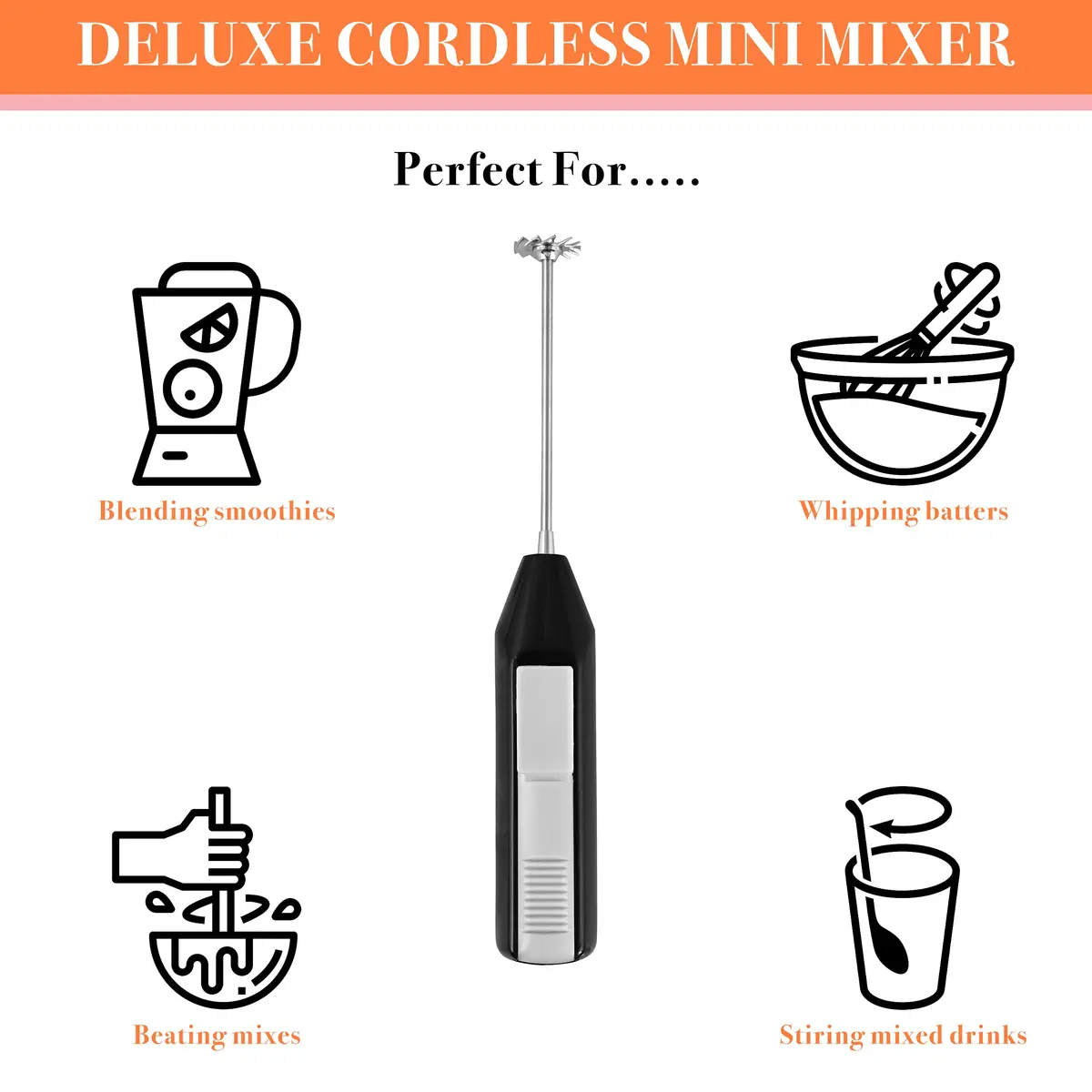 Norpro 2273C Mini Mixer Black 10cm (4in) | Portable Cordless Handheld Blender for Travel & Small Batches - view 4