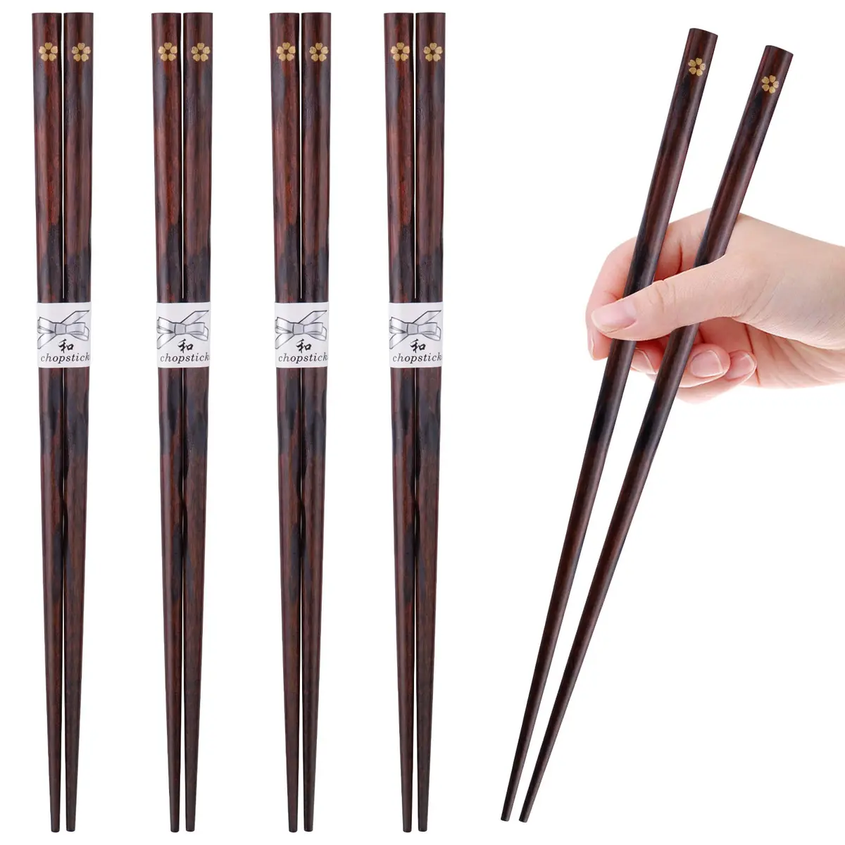 GLAMFIELDS Natural Wooden Japanese Chopsticks 22.5 cm (8.8 Inch) 5 Pairs | Lightweight Hand-Carved Gift Set - view 2