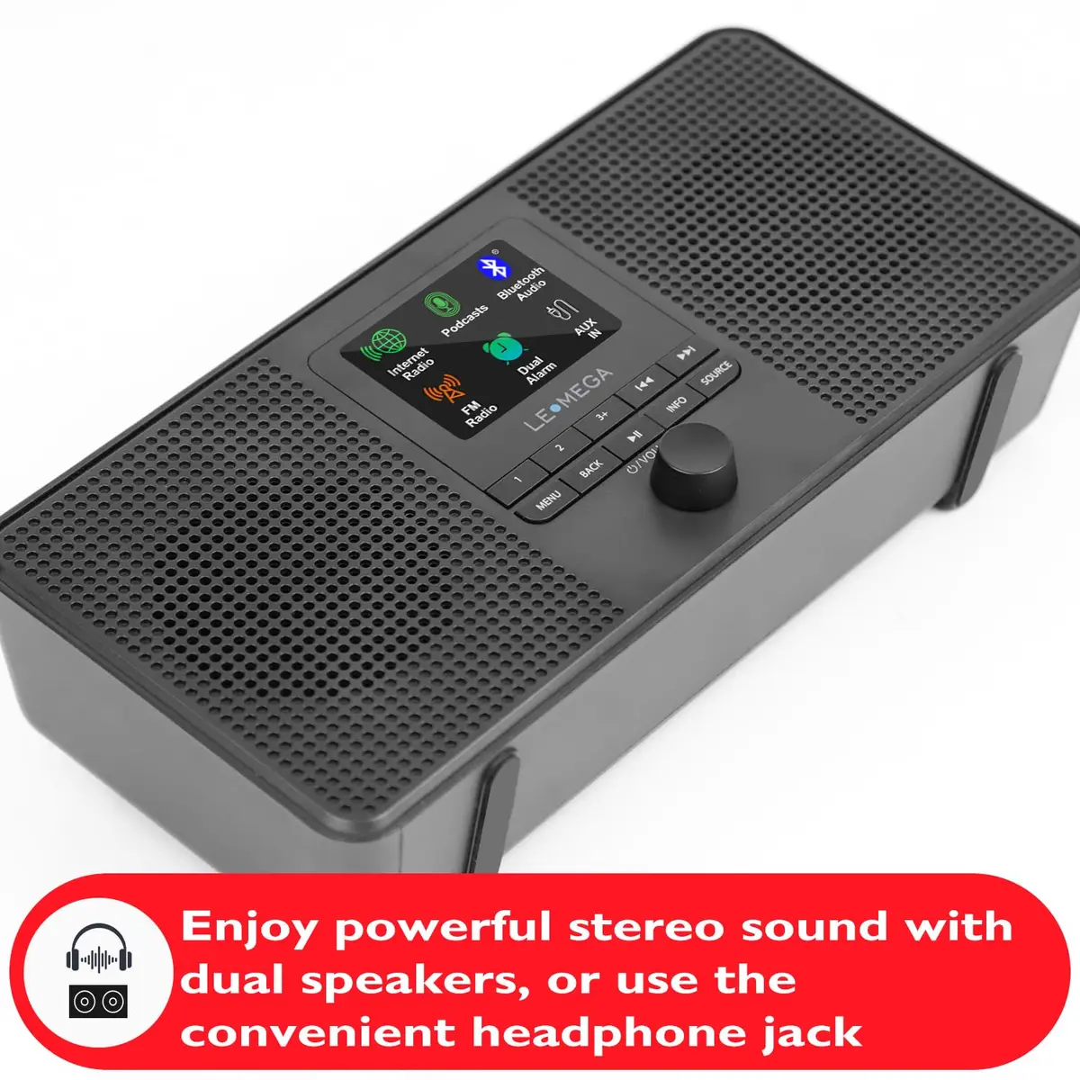 LEMEGA IR4S Stereo WiFi Internet Radio,FM Digital Radio, Spotify Connect, Bluetooth Speaker, Dual Alarms Clock, 40 Presets, Headphone-Output, Batteries or Mains Powered – Black Finish - view 5