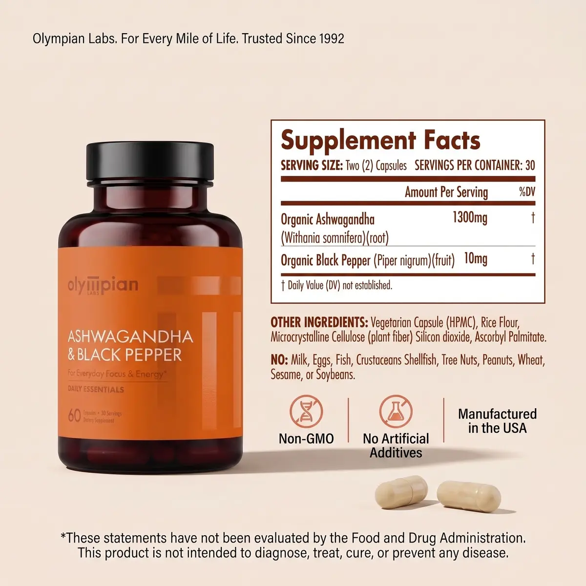 Olympian Labs Organic Ashwagandha with Black Pepper Supports Brain, Muscle & Memory - 60 Vegan Capsules - view 2