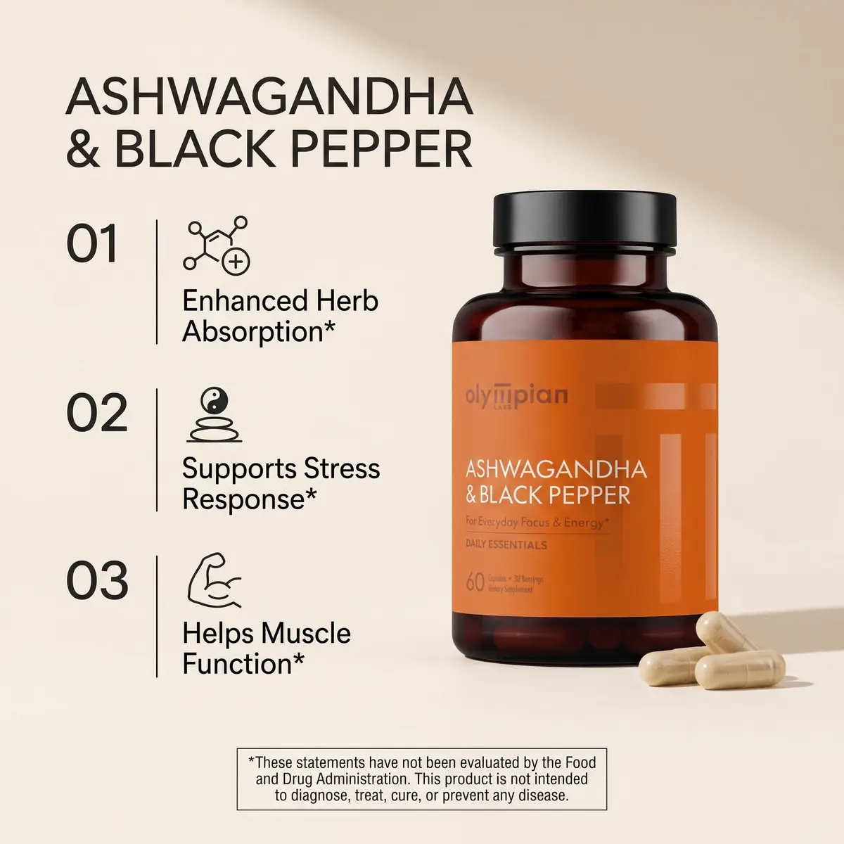 Olympian Labs Organic Ashwagandha with Black Pepper Supports Brain, Muscle & Memory - 60 Vegan Capsules - view 3