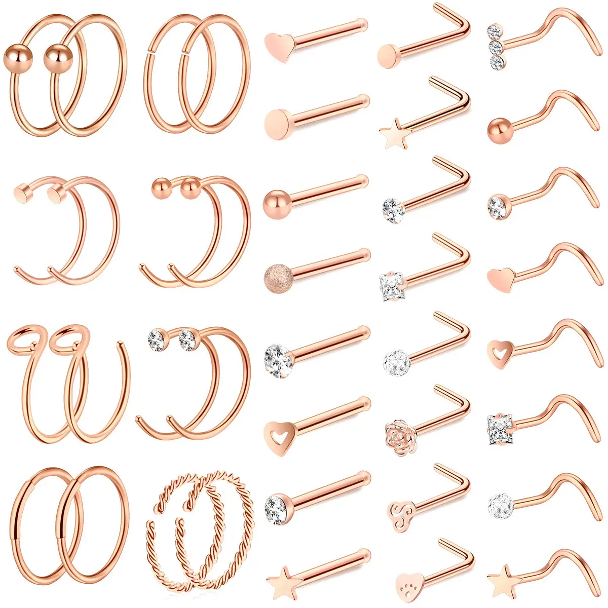 ONESING 40 PCS 20G Nose Rings for Women & Men | Hypoallergenic Stainless Steel, Gold Finish, 8mm Inner Size - main product image