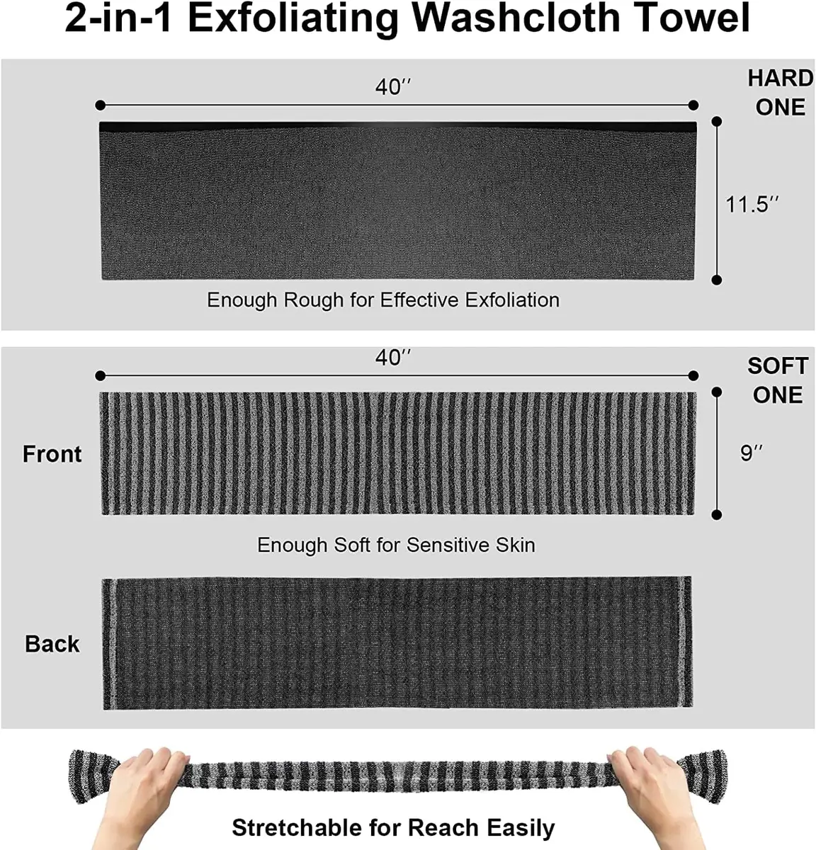 Yiclick Exfoliating Body Scrubber Black | Japanese Loofah for Men Women (40 inch, 2 Pack) - view 5