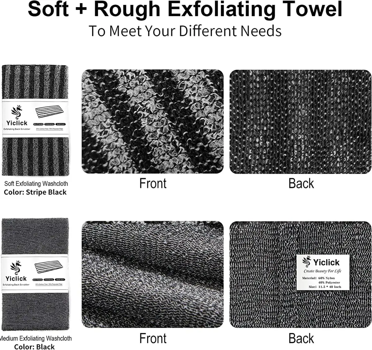 Yiclick Exfoliating Body Scrubber Black | Japanese Loofah for Men Women (40 inch, 2 Pack) - view 2
