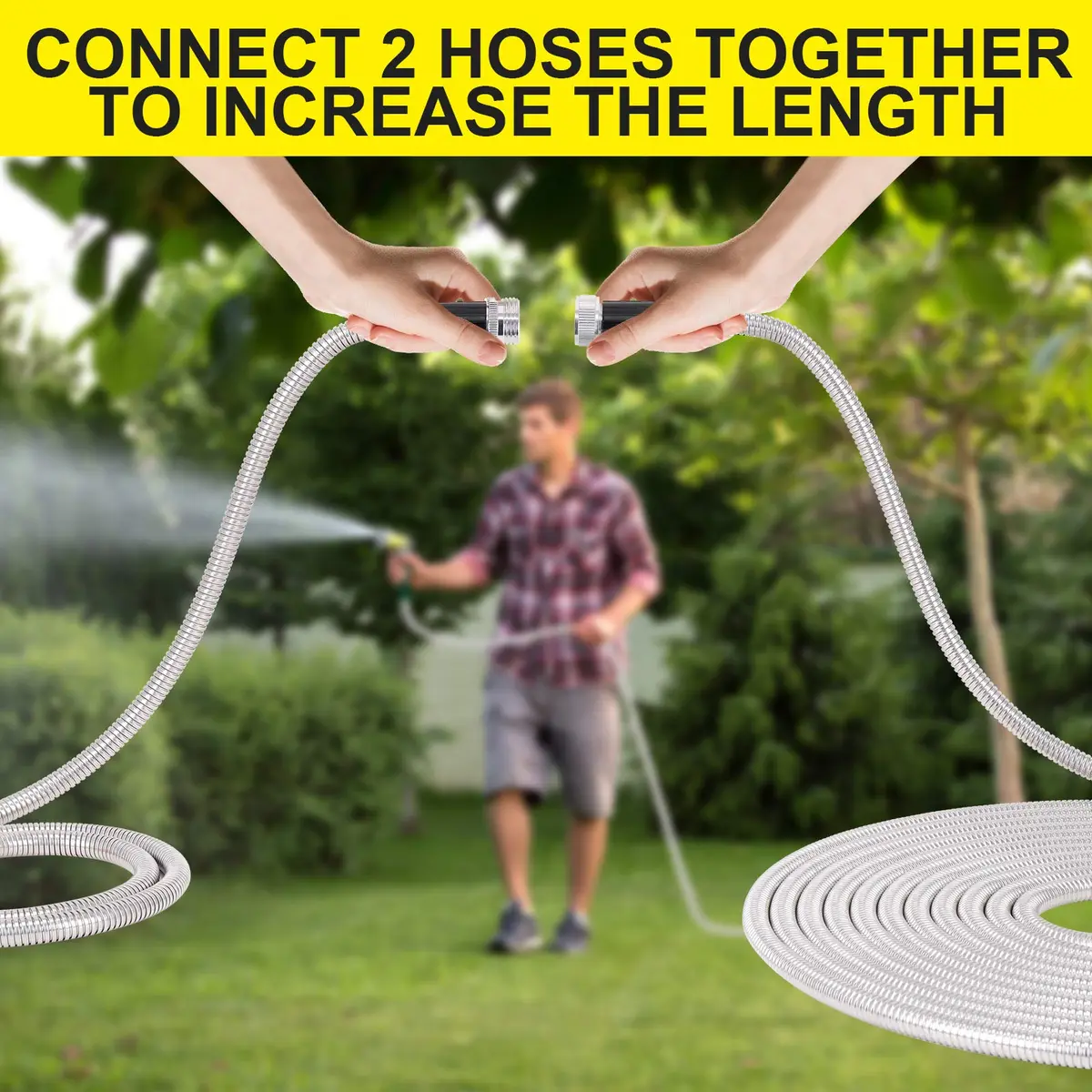 FOXEASE Metal Water Hose 25 ft - Stainless Steel Garden Hose with 2 Nozzles, Lightweight, Kink & Tangle Free, Heavy Duty, Dog Proof - view 6