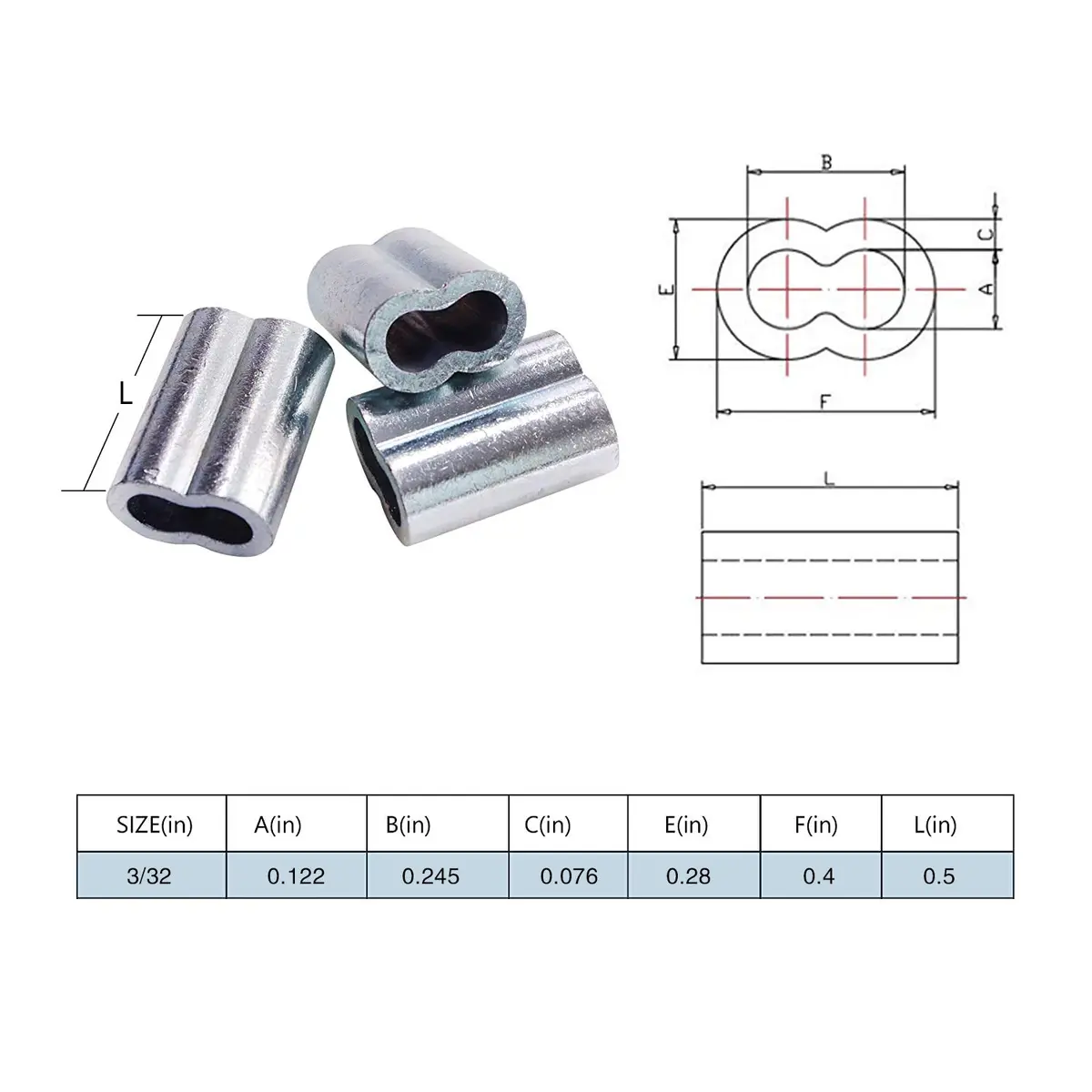 HIGOOD Aluminum Crimping Loop Sleeve for 3/32" Diameter Wire Rope and Cable | Strong, US-Standard, Economical - view 3
