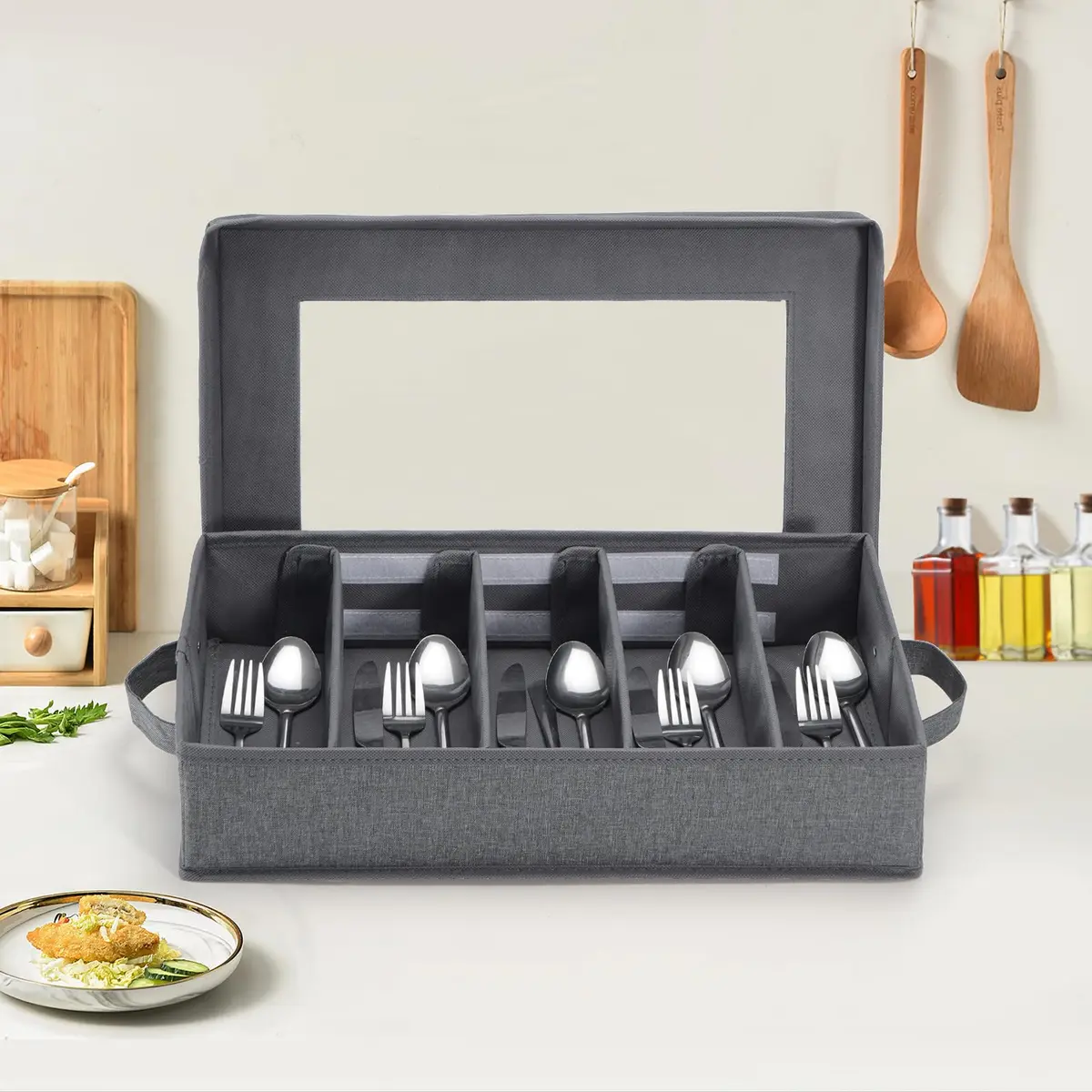 Lafulling Silverware Storage Box, Flatware Storage with Adjustable Dividers | Dustproof, Collapsible, 17"x10.5"x4" - view 6