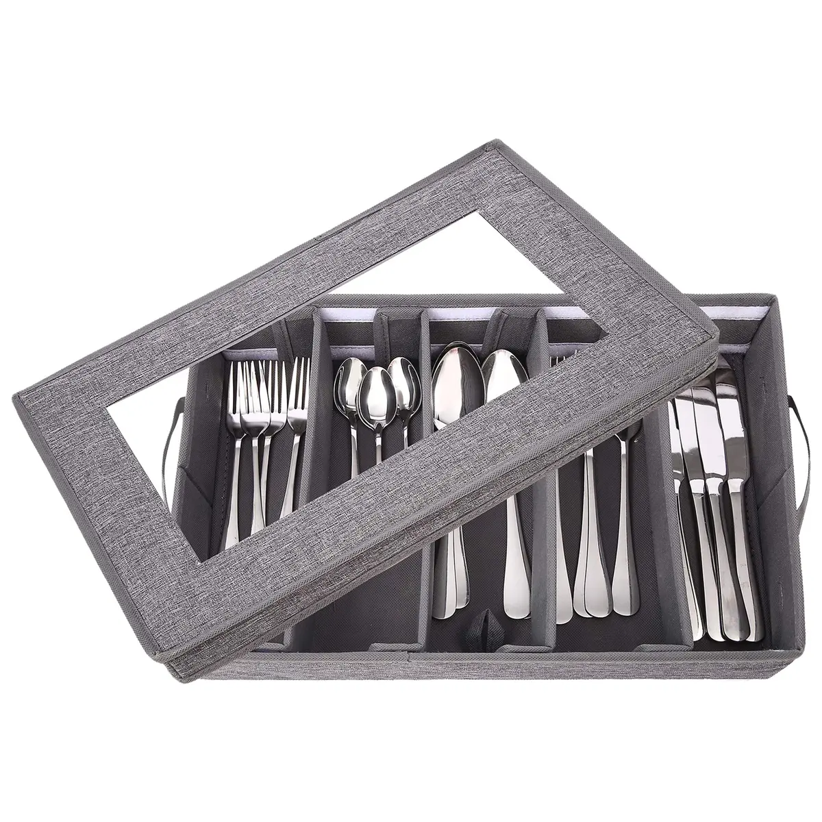 Lafulling Silverware Storage Box, Flatware Storage with Adjustable Dividers | Dustproof, Collapsible, 17"x10.5"x4" - view 8