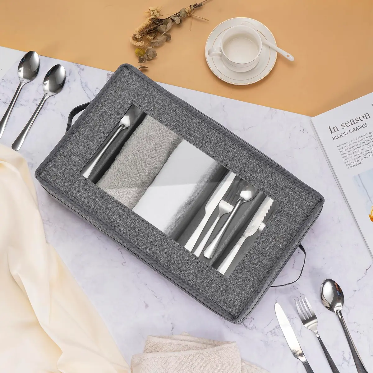 Lafulling Silverware Storage Box, Flatware Storage with Adjustable Dividers | Dustproof, Collapsible, 17"x10.5"x4" - view 2
