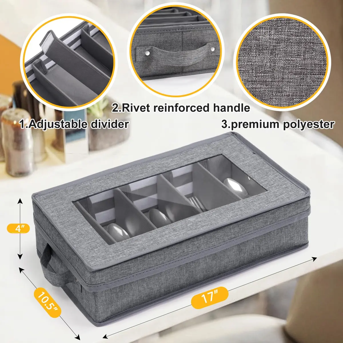Lafulling Silverware Storage Box, Flatware Storage with Adjustable Dividers | Dustproof, Collapsible, 17"x10.5"x4" - view 3