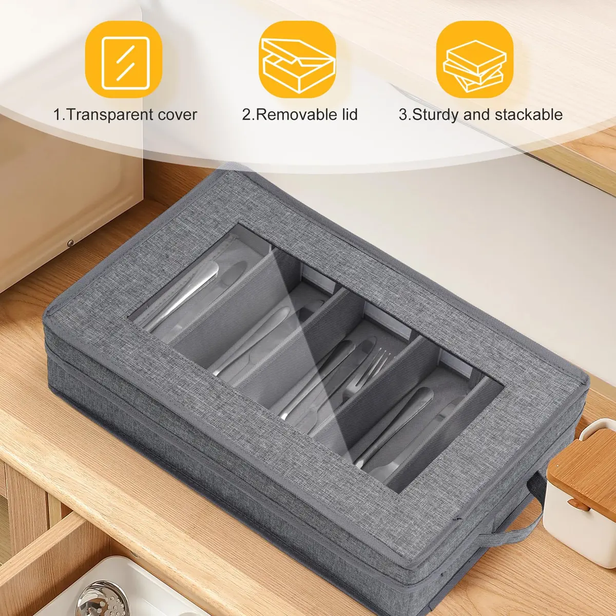 Lafulling Silverware Storage Box, Flatware Storage with Adjustable Dividers | Dustproof, Collapsible, 17"x10.5"x4" - view 4