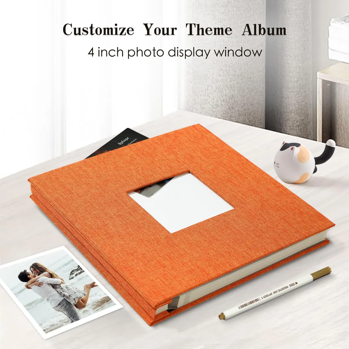 Spbapr Display Album 11x10.6 inches | Linen Cover, 40 Pages, Magnetic Self-Adhesive, DIY Scrapbook with Metal Pen, Orange - view 2