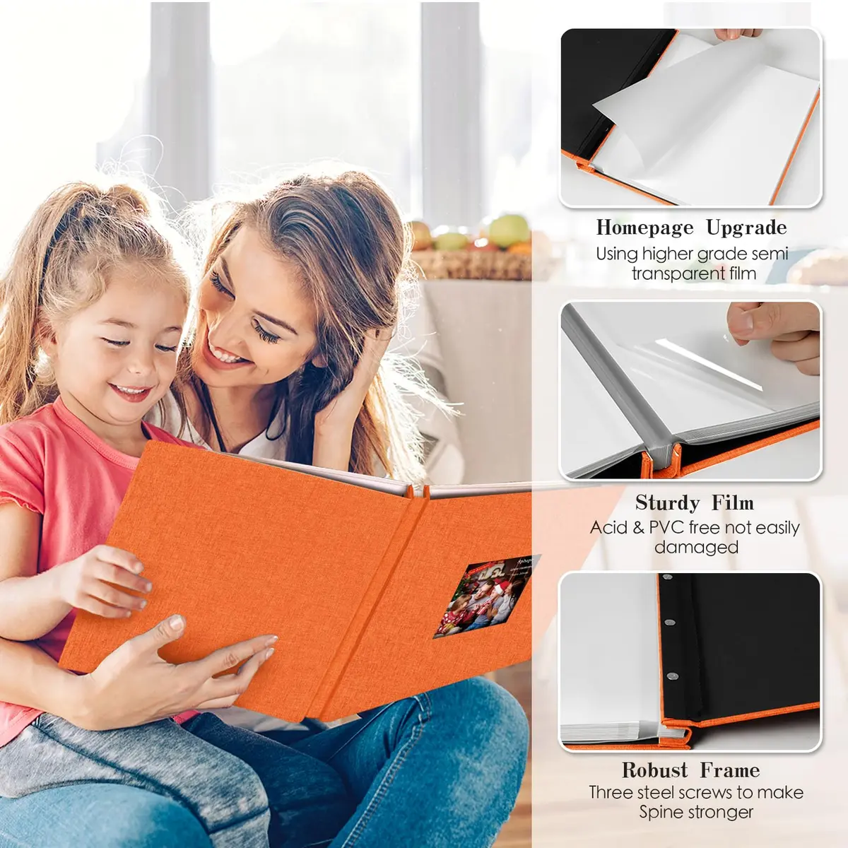 Spbapr Display Album 11x10.6 inches | Linen Cover, 40 Pages, Magnetic Self-Adhesive, DIY Scrapbook with Metal Pen, Orange - view 3