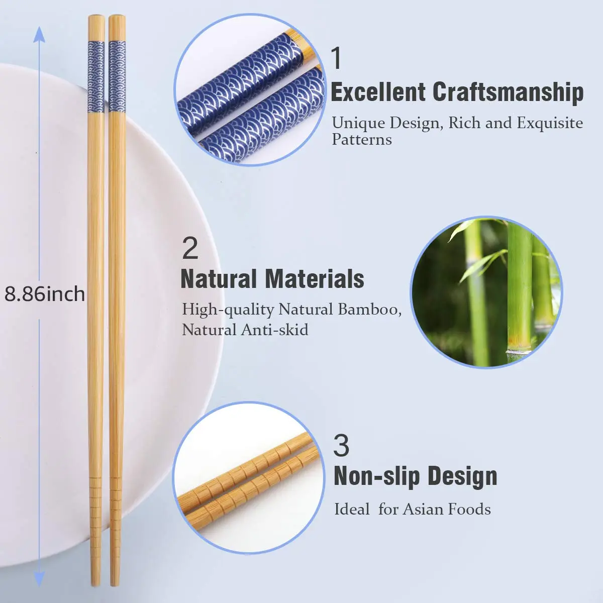 GLAMFIELDS Natural Bamboo Chopsticks 22.5 cm (8.8 Inch) Set of 5 | Japanese Style for Asian Cuisine - view 2
