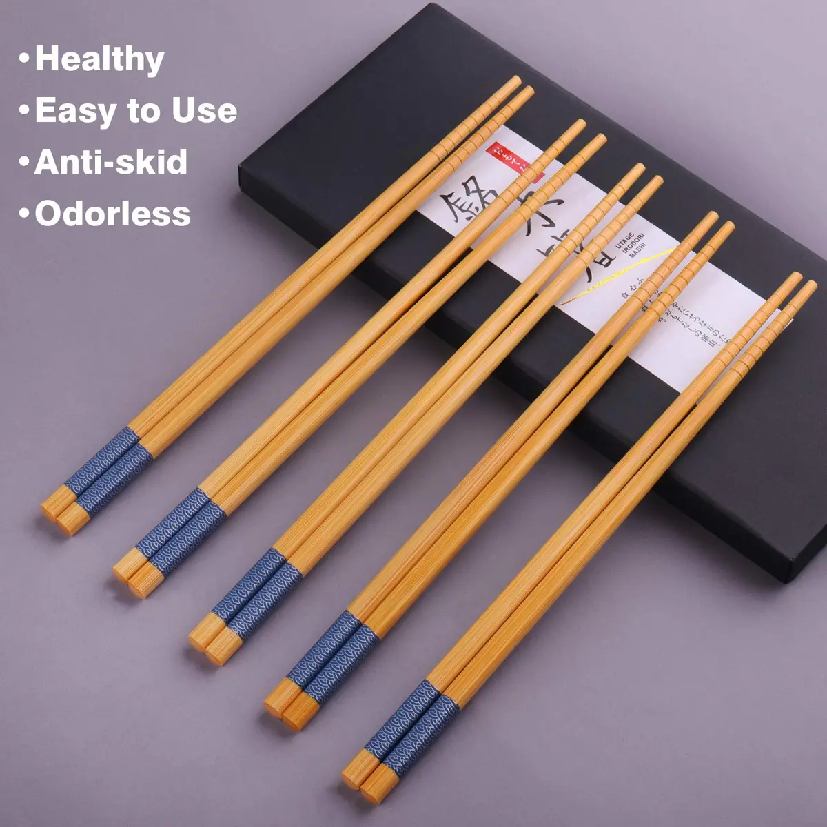 GLAMFIELDS Natural Bamboo Chopsticks 22.5 cm (8.8 Inch) Set of 5 | Japanese Style for Asian Cuisine - view 4