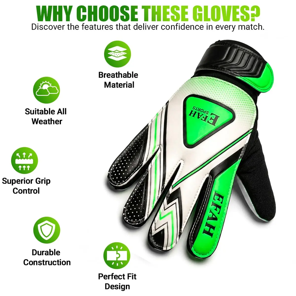 EFAH SPORTS Goalie Goalkeeper Gloves for Kids Youth Size 5 Black/Green | Breathable Mesh & Extra Grip - view 6