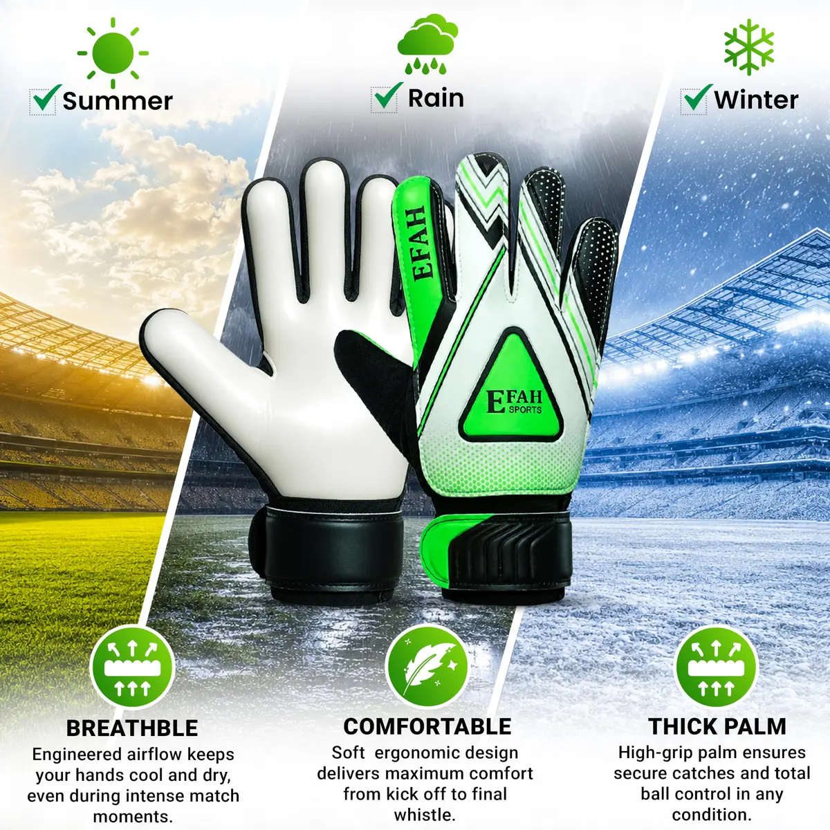 EFAH SPORTS Goalie Goalkeeper Gloves for Kids Youth Size 5 Black/Green | Breathable Mesh & Extra Grip - view 2