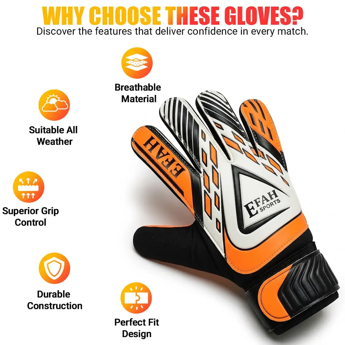 EFAH SPORTS Goalkeeper Gloves for Kids Youth Size 5 Black/Orange | Breathable & Grippy - view 6