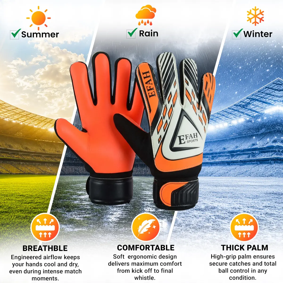 EFAH SPORTS Goalkeeper Gloves for Kids Youth Size 5 Black/Orange | Breathable & Grippy - view 2