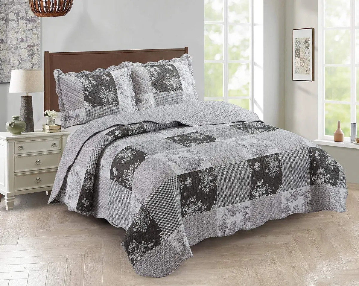 Brilliant Sunshine Multi Grey Toile & Floral Patchwork Quilt Set, Full/Queen | Elegant Reversible Microfiber Bedding - main product image