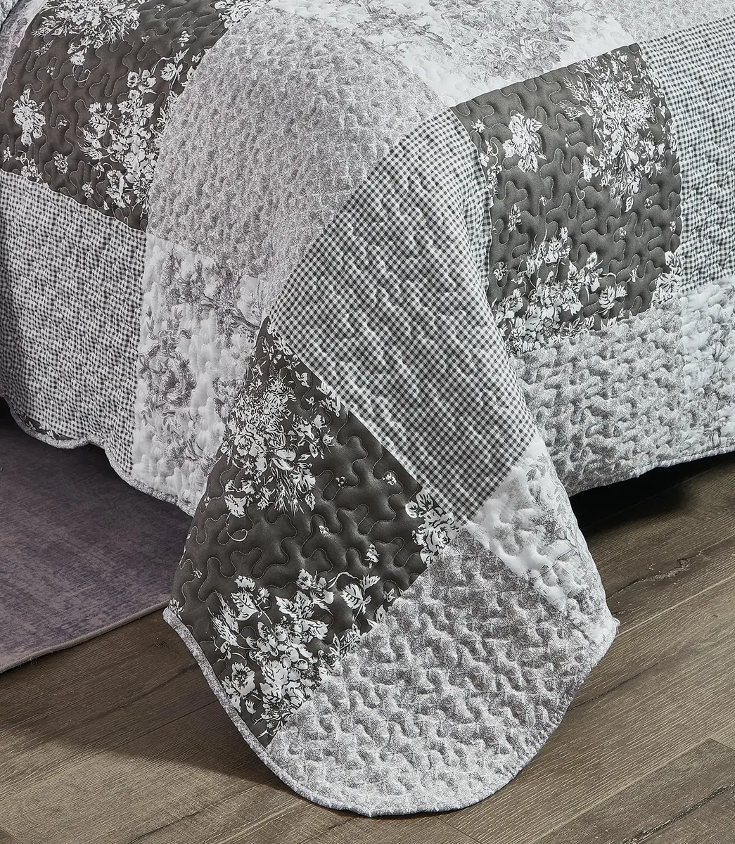 Brilliant Sunshine Multi Grey Toile & Floral Patchwork Quilt Set, Full/Queen | Elegant Reversible Microfiber Bedding - view 7