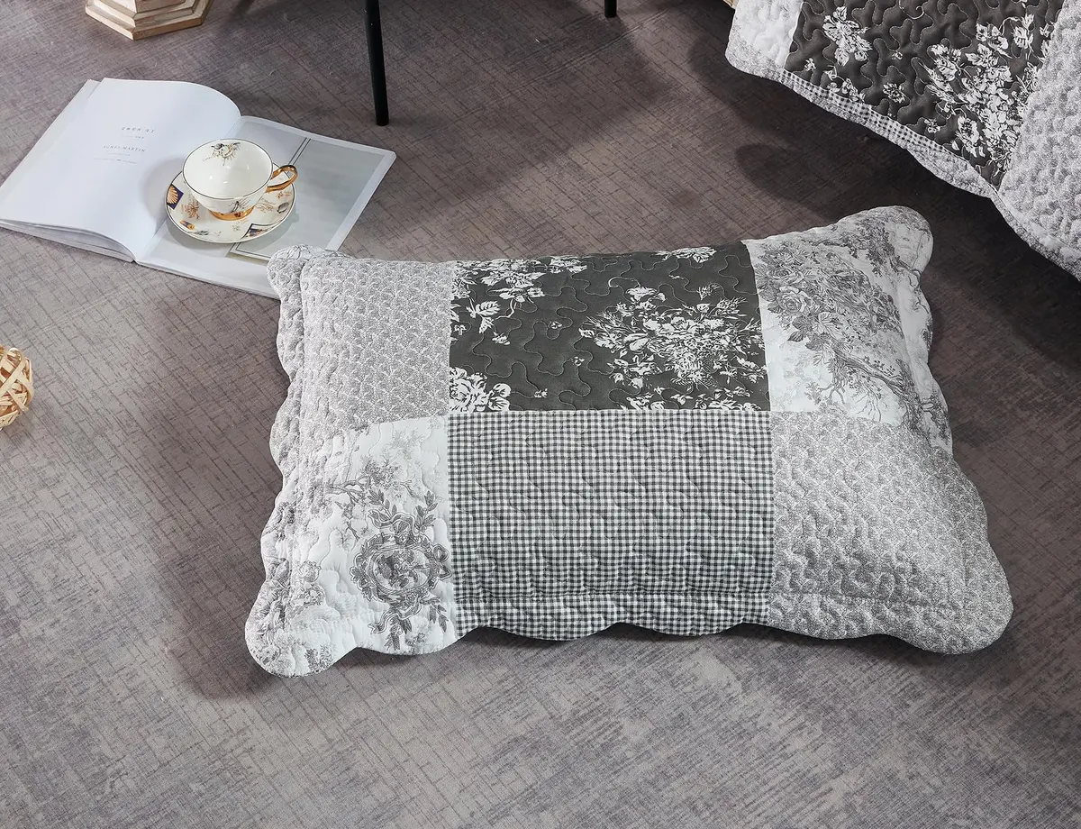 Brilliant Sunshine Multi Grey Toile & Floral Patchwork Quilt Set, Full/Queen | Elegant Reversible Microfiber Bedding - view 8