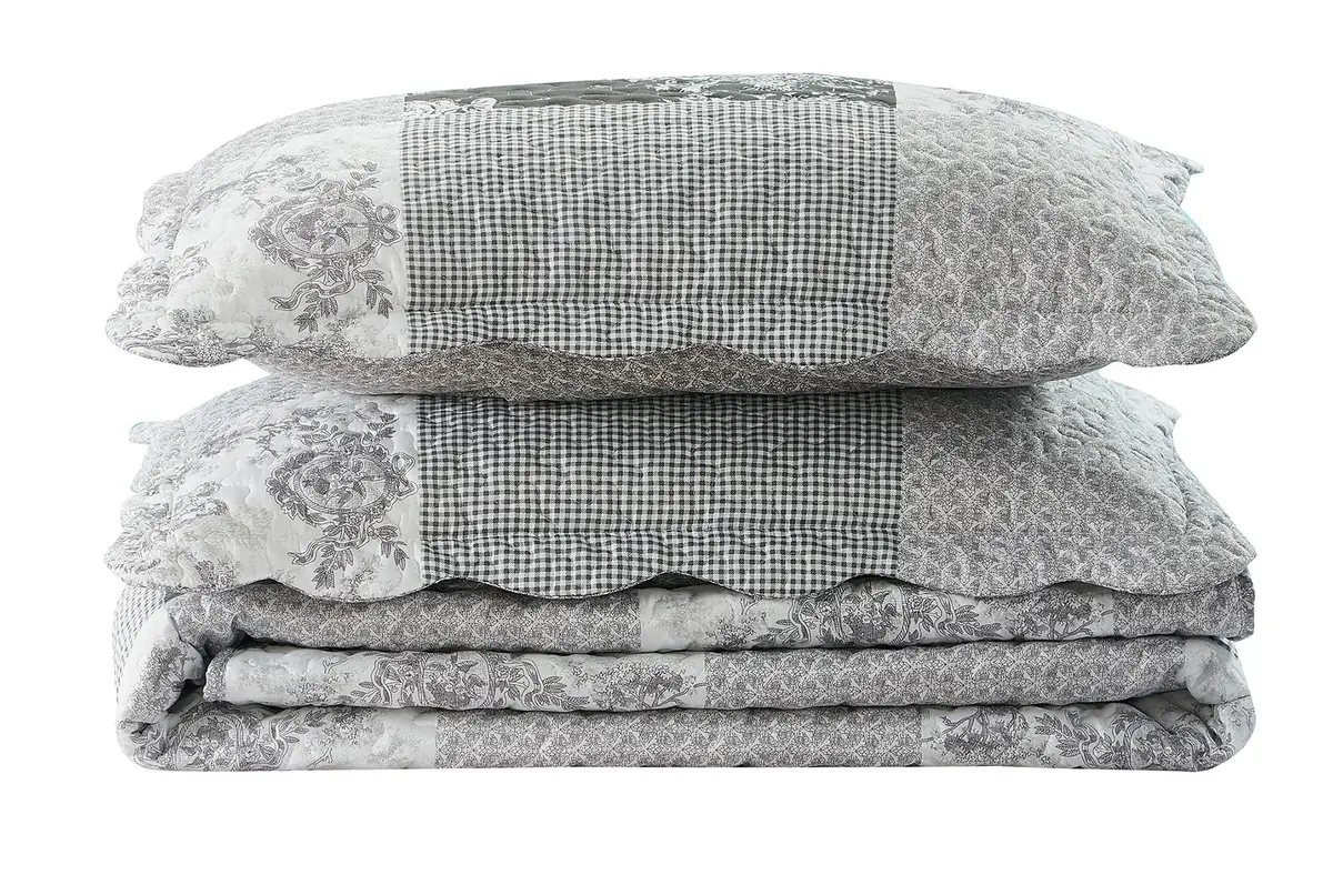 Brilliant Sunshine Multi Grey Toile & Floral Patchwork Quilt Set, Full/Queen | Elegant Reversible Microfiber Bedding - view 9