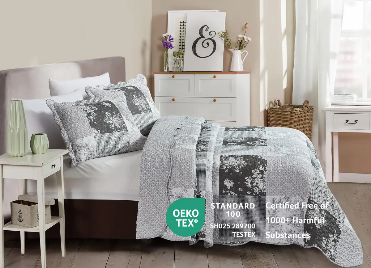 Brilliant Sunshine Multi Grey Toile & Floral Patchwork Quilt Set, Full/Queen | Elegant Reversible Microfiber Bedding - view 2