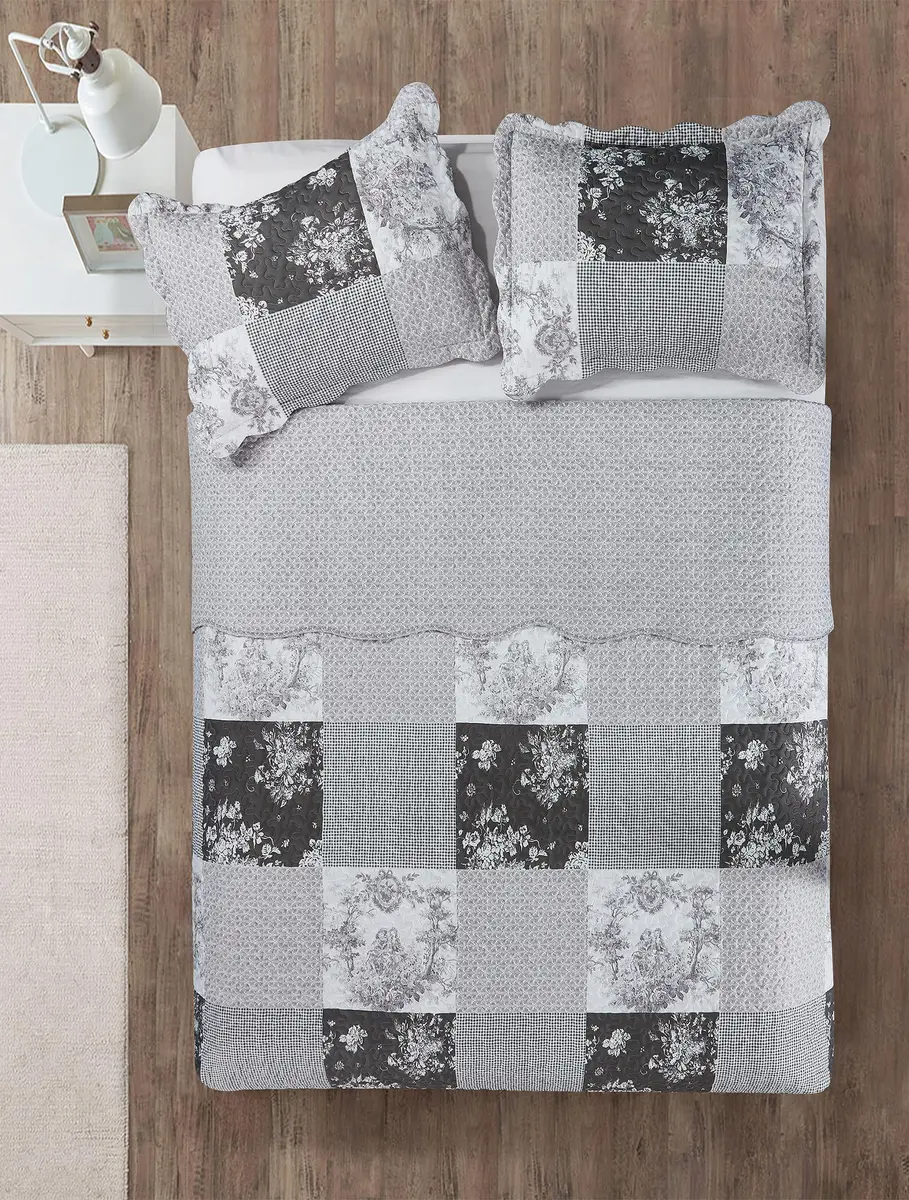 Brilliant Sunshine Multi Grey Toile & Floral Patchwork Quilt Set, Full/Queen | Elegant Reversible Microfiber Bedding - view 3