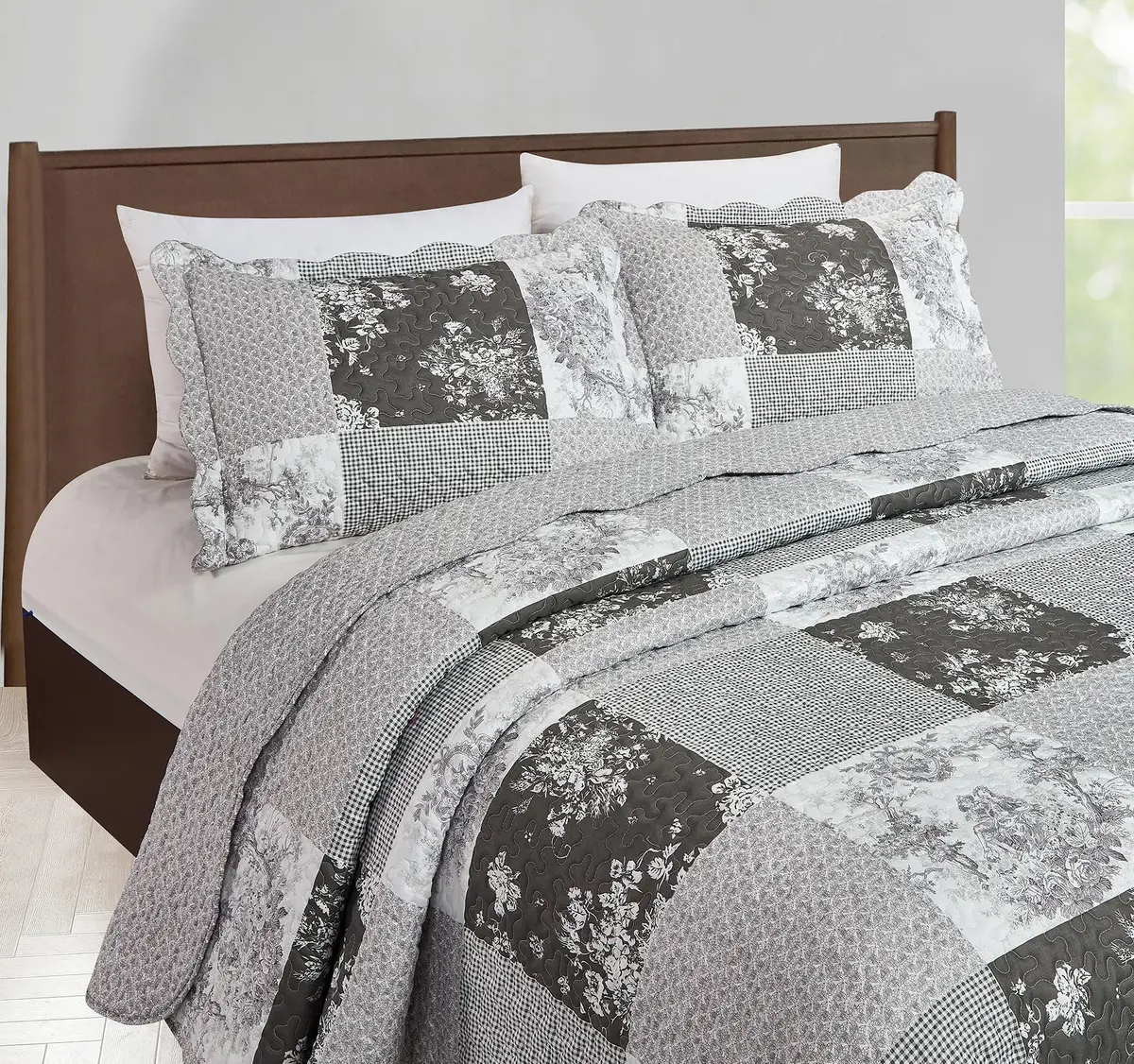 Brilliant Sunshine Multi Grey Toile & Floral Patchwork Quilt Set, Full/Queen | Elegant Reversible Microfiber Bedding - view 4