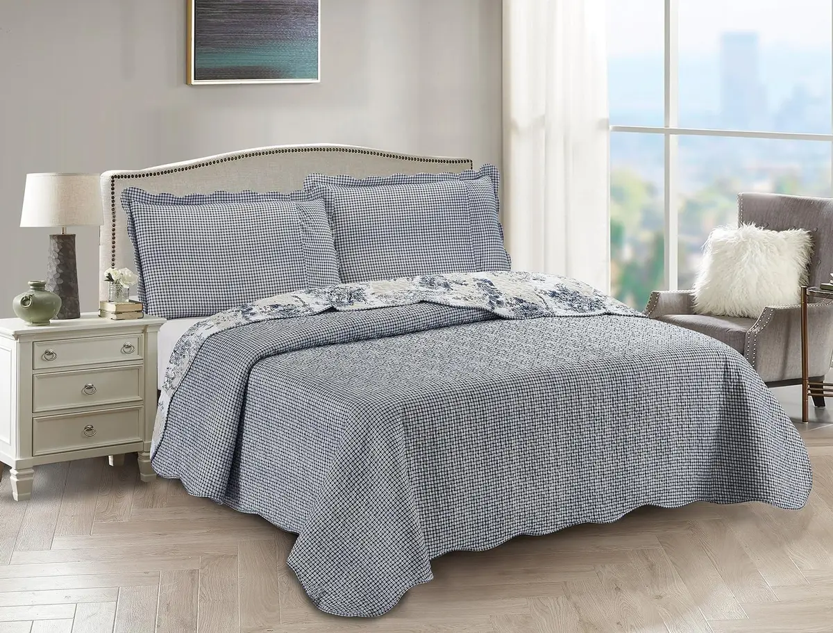 Brilliant Sunshine Blue Toile Quilt Set, Beige & Ivory Patches | Elegant All-Season King Size Bedding - view 5