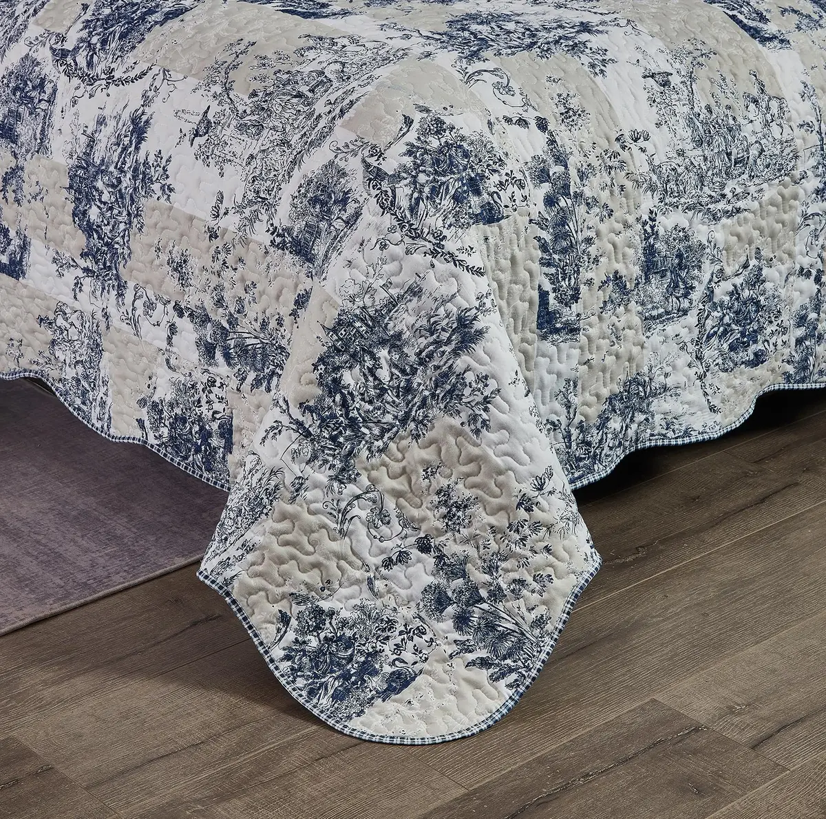 Brilliant Sunshine Blue Toile Quilt Set, Beige & Ivory Patches | Elegant All-Season King Size Bedding - view 7