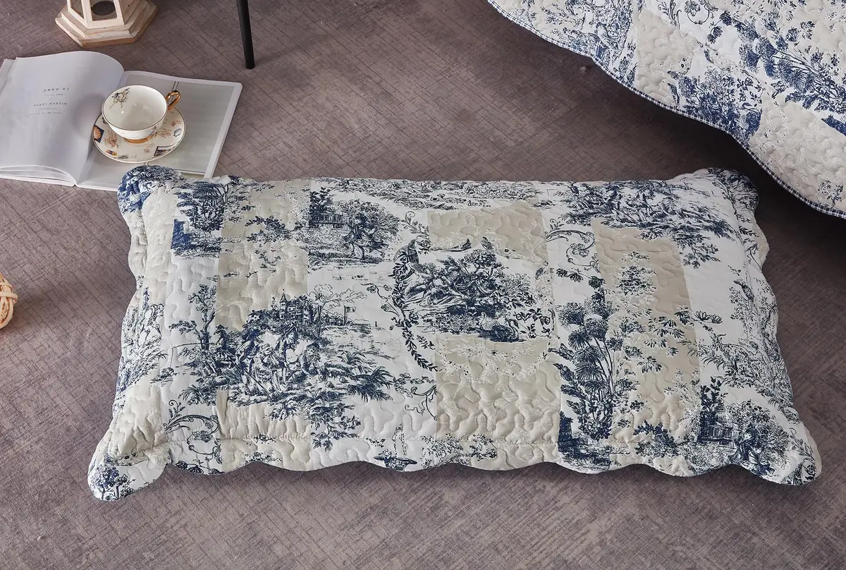 Brilliant Sunshine Blue Toile Quilt Set, Beige & Ivory Patches | Elegant All-Season King Size Bedding - view 8