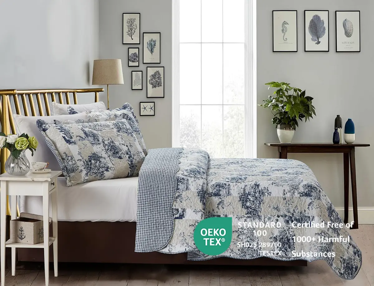 Brilliant Sunshine Blue Toile Quilt Set, Beige & Ivory Patches | Elegant All-Season King Size Bedding - view 2