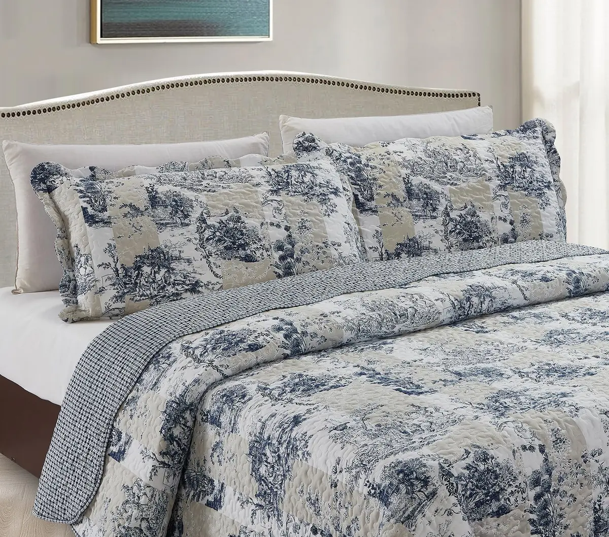 Brilliant Sunshine Blue Toile Quilt Set, Beige & Ivory Patches | Elegant All-Season King Size Bedding - view 4
