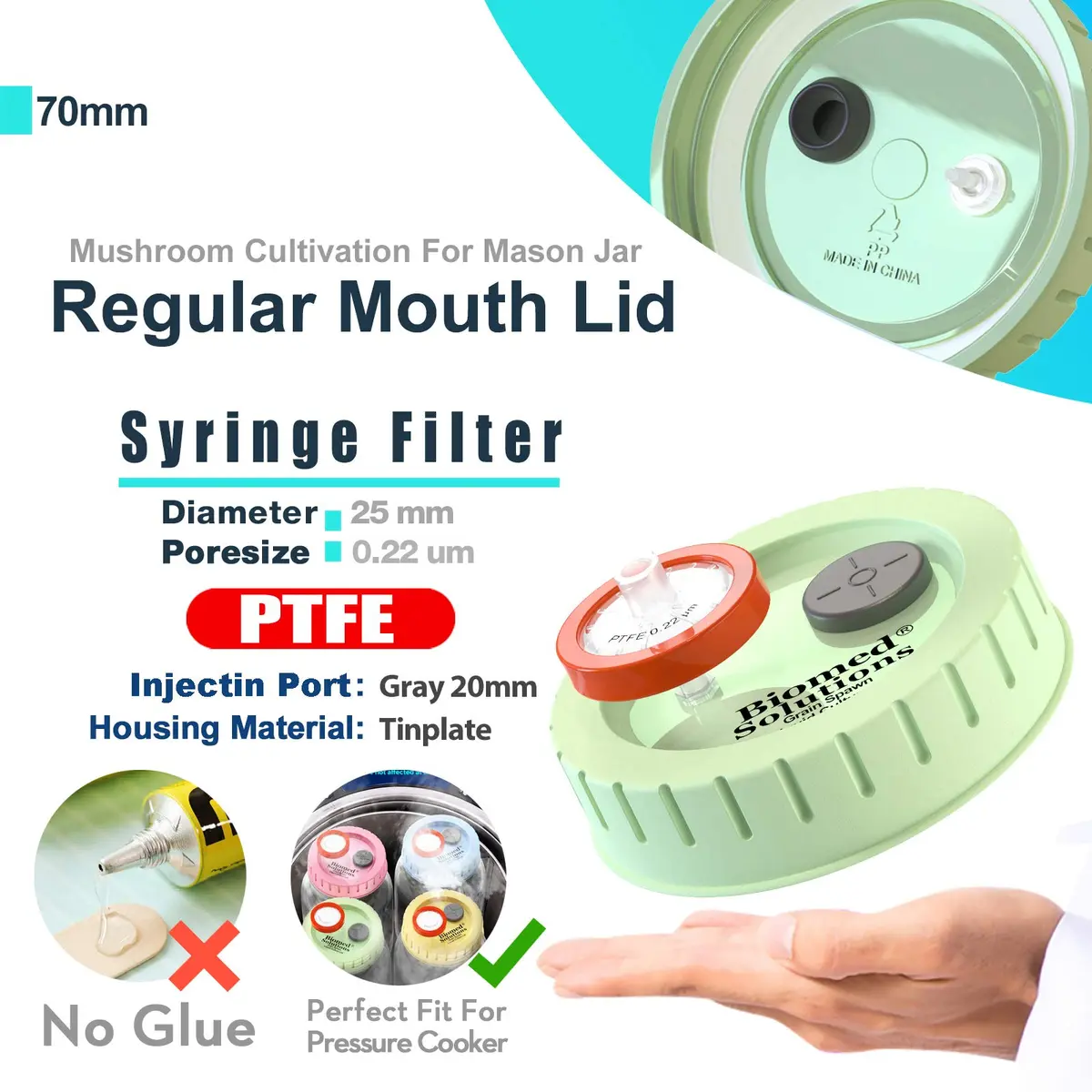 Biomed Solutions 6Pcs Regular Mouth Mushroom Liquid Culture Lids 70mm | Autoclavable & Reusable for Mycology - view 3