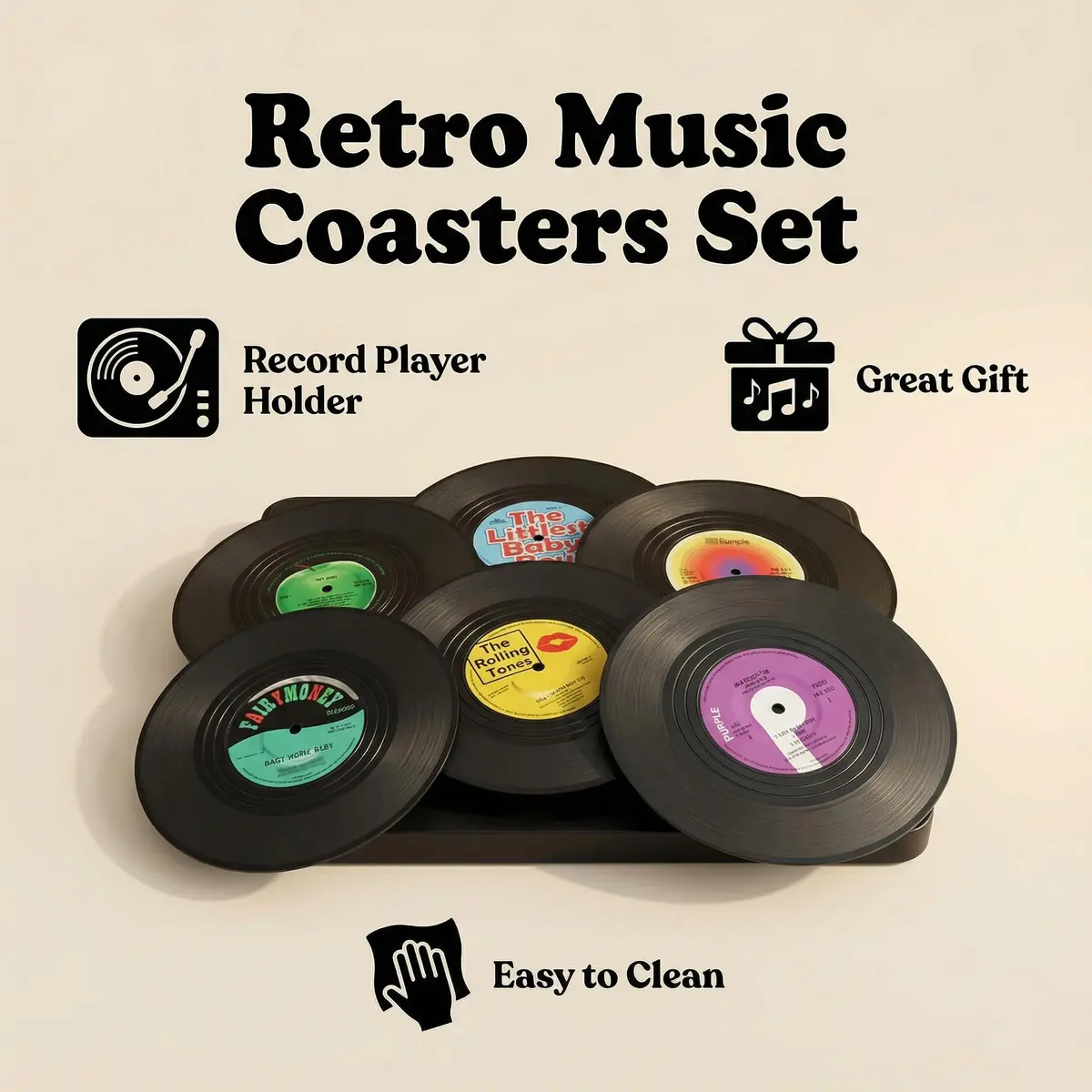 MECOWON Vinyl Record Coasters with Holder - 6 Pack, 10.5 cm (4-1/8 inch) Round | Music Lover Gift - view 3