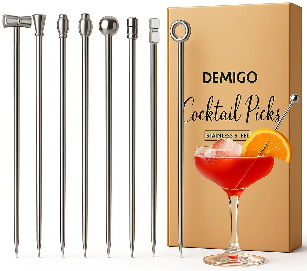 Demigo Cocktail Picks Set of 8 | Stainless Steel Reusable Martini Picks for Elegant Drinks - main product image