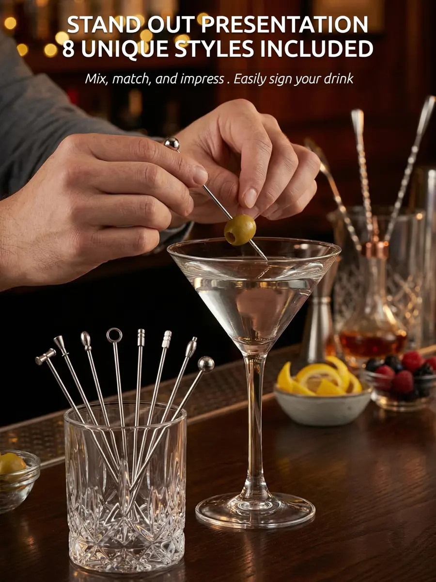 Demigo Cocktail Picks Set of 8 | Stainless Steel Reusable Martini Picks for Elegant Drinks - view 2