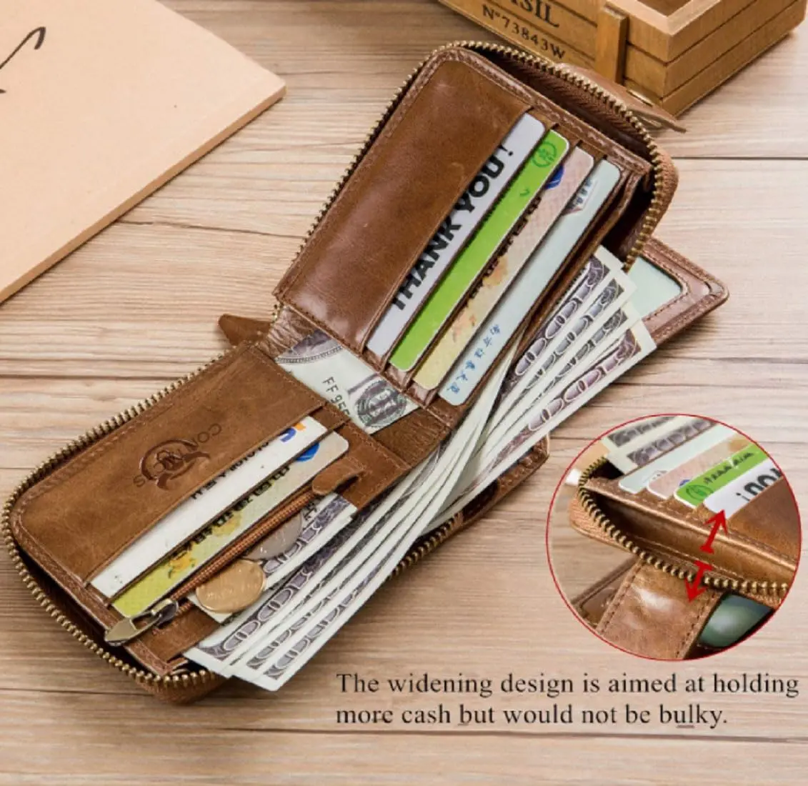 Contacts Men's Genuine Leather Wallet | RFID Blocking Slim Bifold | 8 Card Slots, Beige - view 3