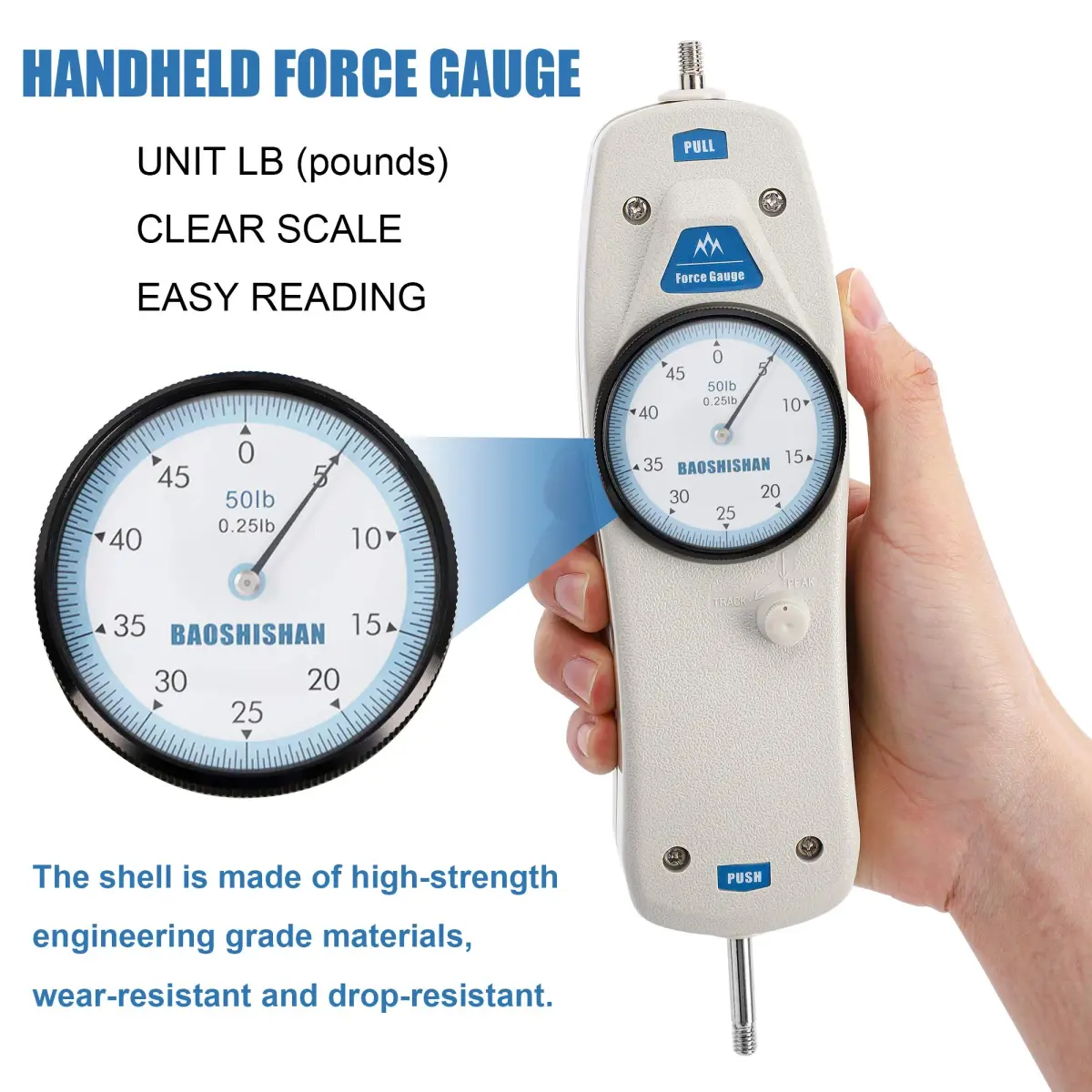 BAOSHISHAN 50lb Push Pull Force Gauge with Calibration Certificate & Carrying Case | Measures Force Up to 22.7 kg (50 lb) - view 3
