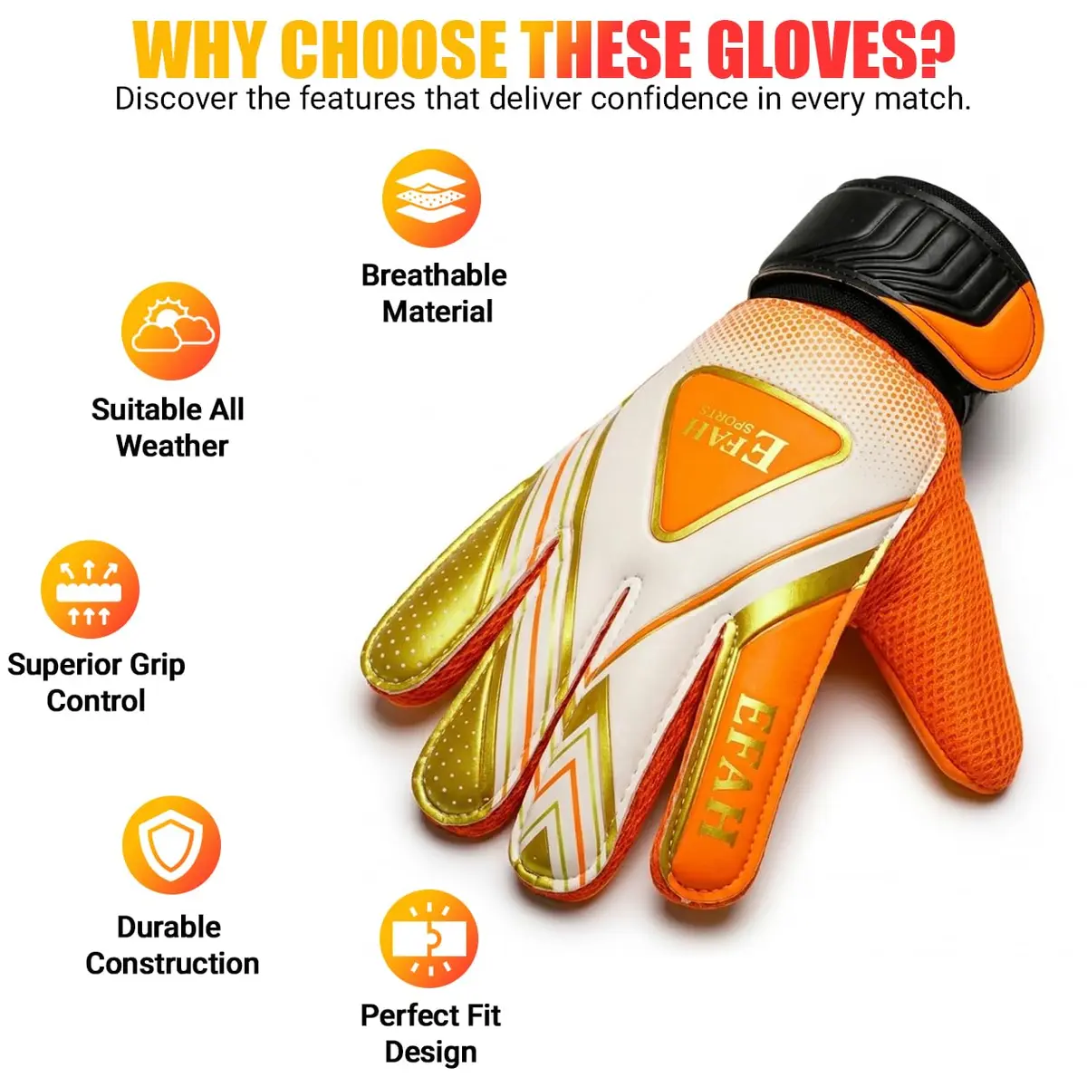 EFAH SPORTS Goalkeeper Gloves for Kids Boys Youth Size 5 (Orange) | Breathable & Adjustable Wrist Support - view 6