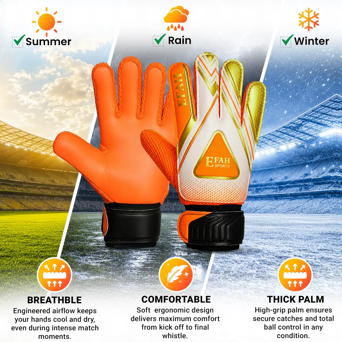 EFAH SPORTS Goalkeeper Gloves for Kids Boys Youth Size 5 (Orange) | Breathable & Adjustable Wrist Support - view 2